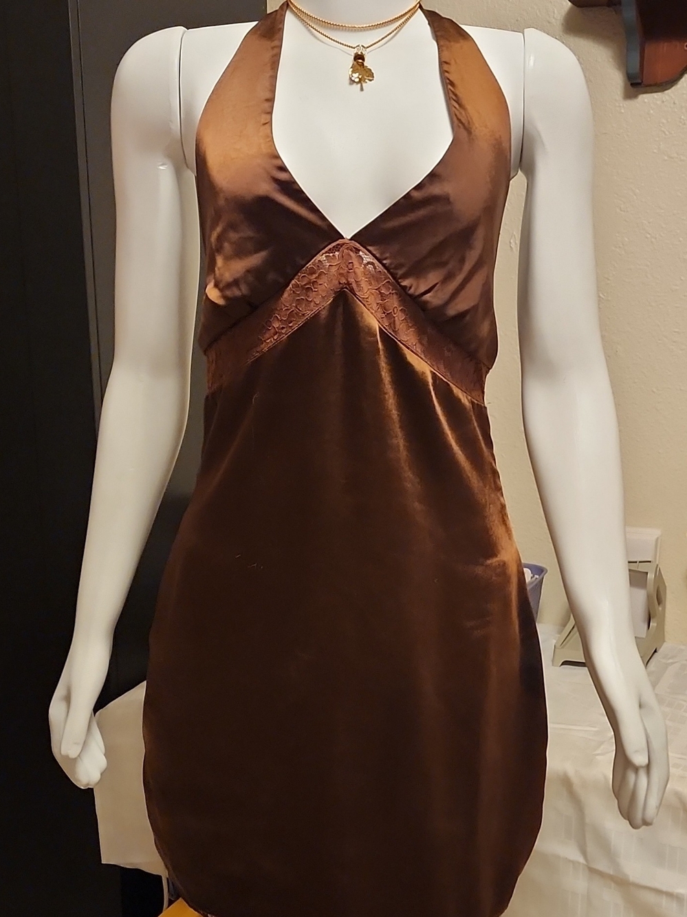 Motel Rocks Brown Satin Halter Slip Dress